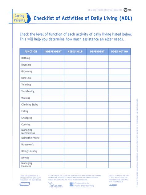 PBS Checklist of ADL - Blank Fillable Template | Fill Out, Print ...