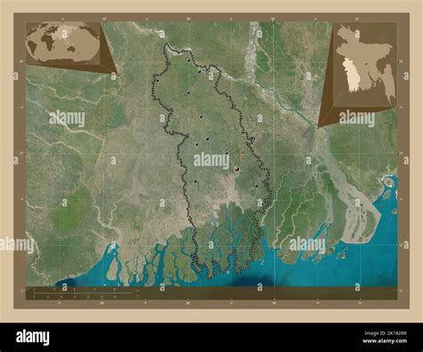 Khulna, division of Bangladesh. Low resolution satellite map. Locations of major cities of the ...