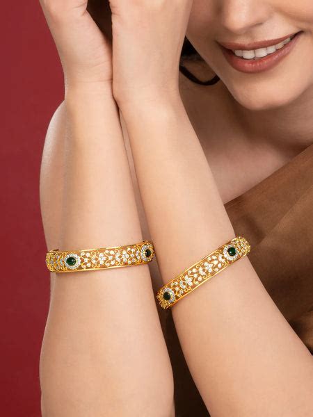 Festive Elegant Crystals Bangle Set in Gold - Green for Women | Peora