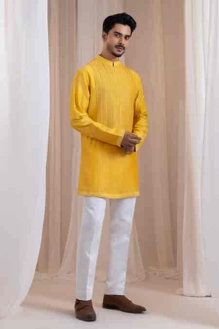 Buy Yellow Chanderi, Cotton Beads, Cut Work Sunstrike Ombre Bundi Kurta ...
