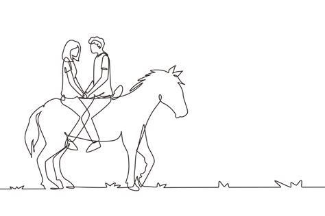 pareja de dibujo de una línea continua montando caballos cara a cara al ...