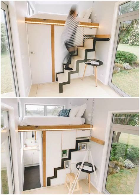 The Millennial tiny house features an ingenious retractable staircase ...