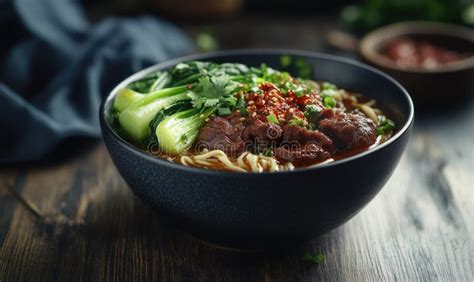 white bowl of beef noodle soup with hardboiled egg halves and sliced green onion on grey countertop