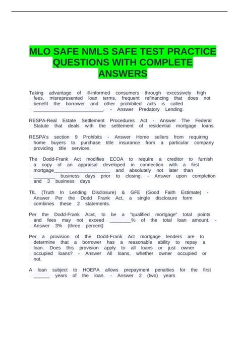 MLO SAFE NMLS SAFE TEST PRACTICE QUESTIONS WITH COMPLETE ANSWERS - AOPP ...