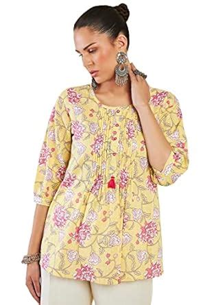 Soch Women Yellow Cotton Blend Printed Tunic (8907715918953_Yellow_L ...