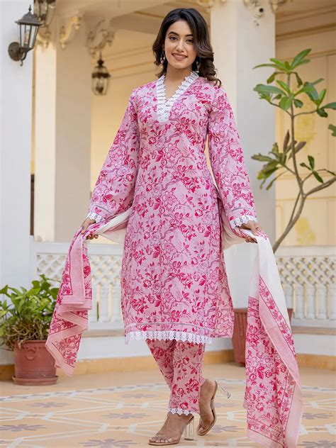 Pink Floral Print Pakistani Style Kurta Trouser And Dupatta Set – Yufta ...