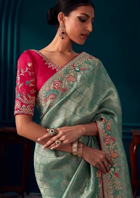 Handwork Embroidery Banarasi Silk Blue Red Contrast Bridal Saree – Sunasa
