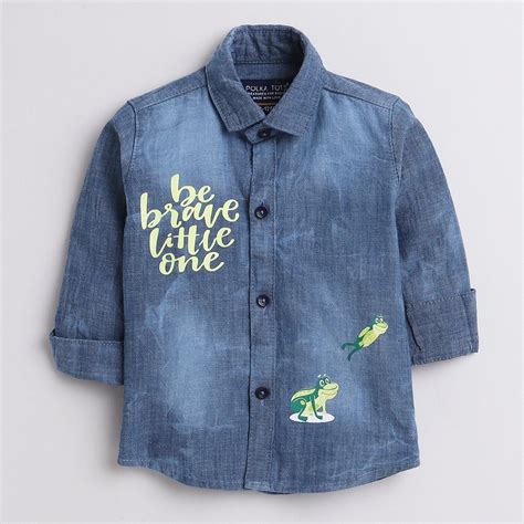 Polka Tots Full Sleeve Denim Kids Shirt Be Little Brave Frog Print - B ...
