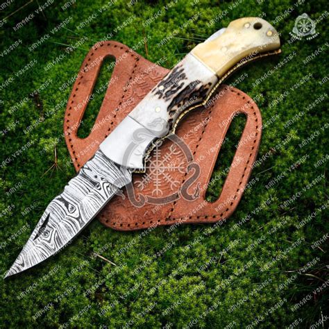 RK-373 White Panda Damascus Pocket knife for sale
