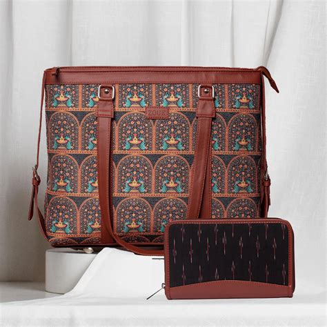 Royal Indian Peacock Motif & Ikat GreRed - Women's Office Bag & Chain