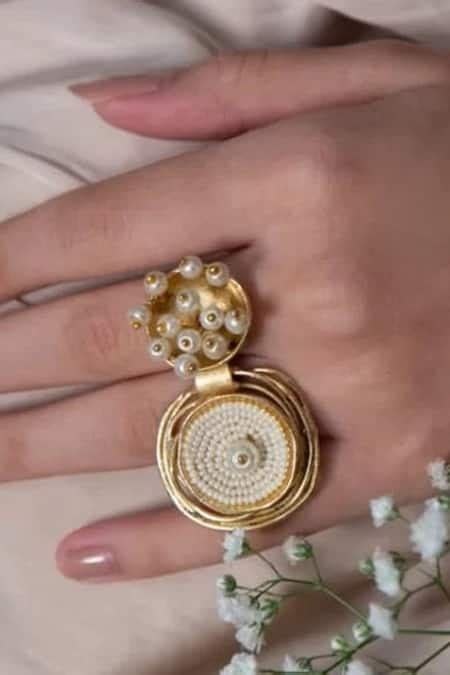 Buy Gold Plated Pearls Embellished Two Finger Ring by Hetal Shah Online ...
