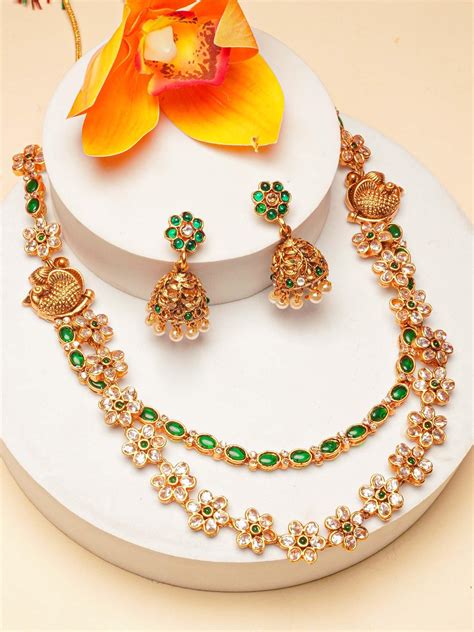 Premium gold finish Two line Necklace Set with AD Stones 16886N – Griiham