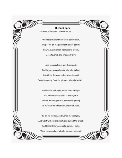 Richard Cory - Poem - Richard Cory BY EDWIN ARLINGTON ROBINSON Whenever ...