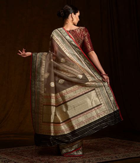Taupe banarasi kora silk saree with black border and pallu and red sel ...