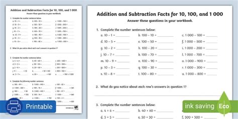 Addition and Subtraction Facts for 10, 100 and 1 000 Activity