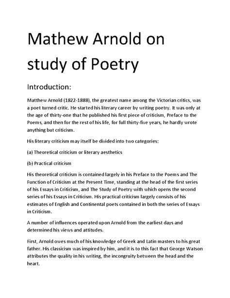 411903846 Mathew Arnold on study of Poetry docx - Mathew Arnold on ...