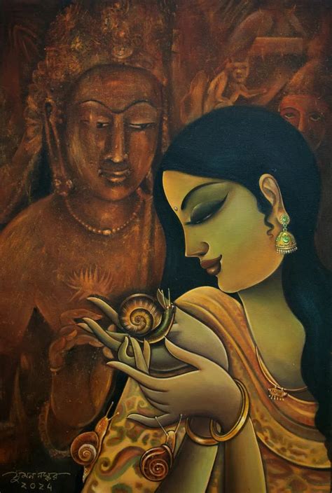 "A Girl With Snails": Brown Religious painting by Sumon Naskar ...