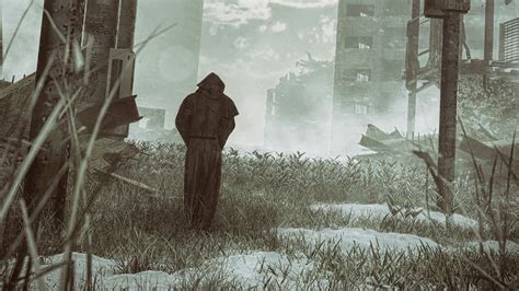 Download wallpaper 2560x1440 silhouette, cloak, apocalypse, ruins ...