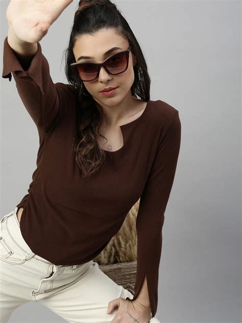 SHOWOFF Women's Solid Brown Fitted Top