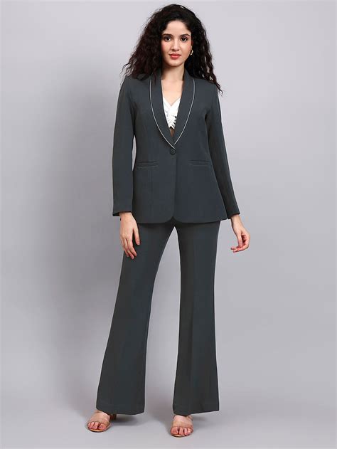 Dark Grey Shawl Collar Tailored Suit Set with Bell Bottom Trousers