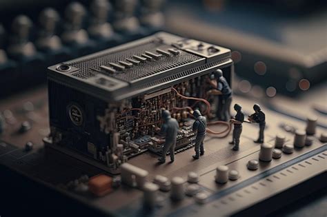 Tiny workers working on an embroidered processor inside a computer ...