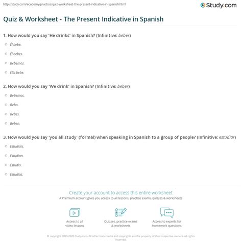 Quiz & Worksheet - The Present Indicative in Spanish | Study.com