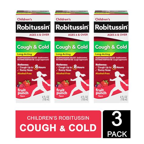 Children's Robitussin Long-Acting Cough and Cold Medicine for Kids, Fruit Punch Flavor - 4 Fl Oz x 3