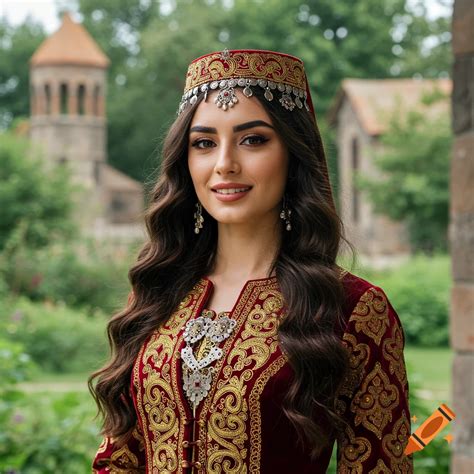 A young woman smiles, wearing a red and gold traditional Armenian dress ...