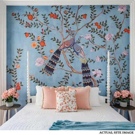 Morni, Peacock and Flowers Chinoiserie Design, Blue | Life n Colors