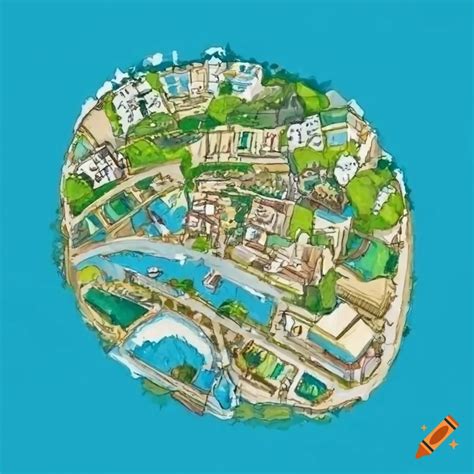 Aerial view of a fantasy coastal town drawing on Craiyon