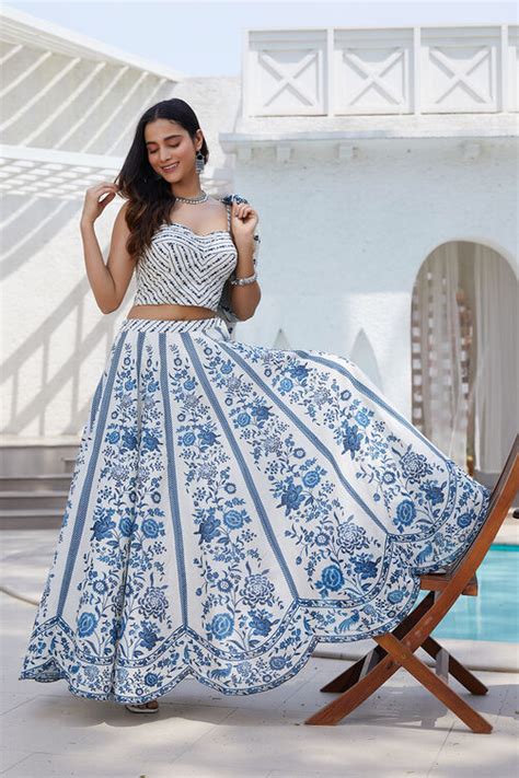 White Blue Cotton Straight Lehenga Set at Biba India