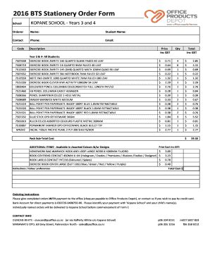 Fillable Online kopane school 2016 BTS Stationery Order Form ...