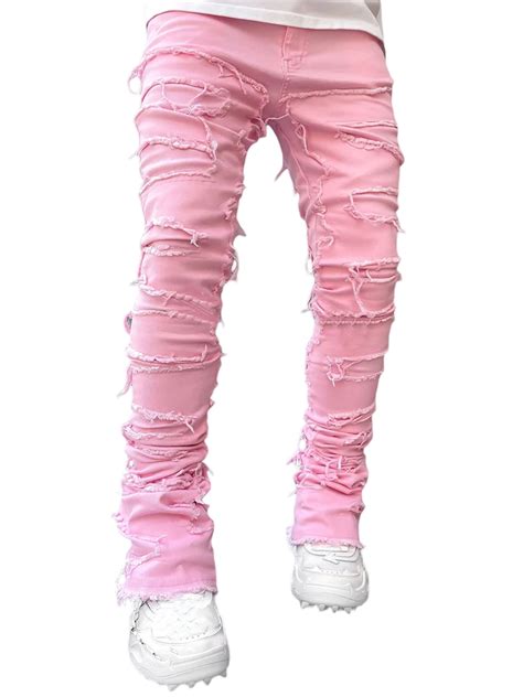 Men's Y2K Ripped Stacked Jeans Slim Fit Patch Distressed Destroyed ...