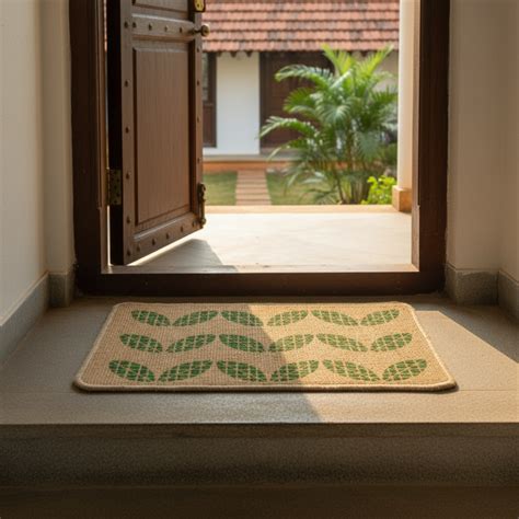 OnlyMat Elegant Green Chevron Leaf Pattern Jute Mat