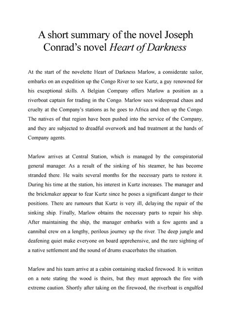 A short summary of the novel Joseph Conrad’s novel Heart of Darkness ...