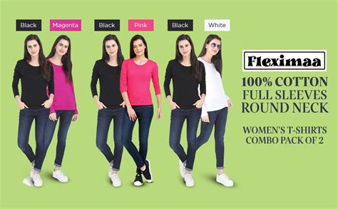 FLEXIMAA Women's Cotton Plain Round Neck Full Sleeve Black & Magenta ...