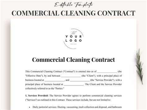Professional Commercial Cleaning Contract Template Customizable Cleaning Agreement, Janitorial ...