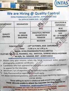 Intas Pharma Ahmedabad interview in 2020 October 24th for B.sc M.sc B ...