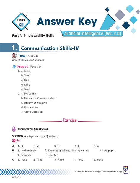 Answer Key for AI Class XII - Touchpad AI Part A - Studocu