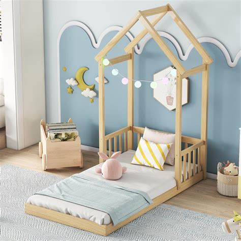 Amazon.com: Harper & Bright Designs Kids Twin Floor Bed with Headboard ...