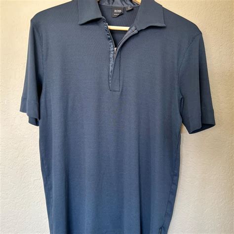 Hugo Boss men's navy blue fine knit polo shirt with... - Depop