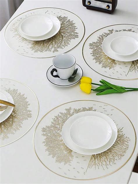 Buy | 6 Pieces White & Gold-Toned Floral Embellished Round Table ...