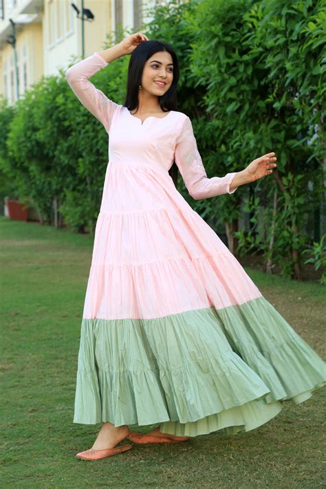 Baby Pink With Eye Soothing Green layered Dress – Indianvirasat