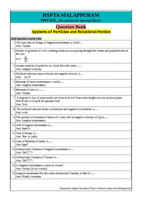 Kerala +1 Physics Focus Area QBank - Ch 7: Systems of Particles ...