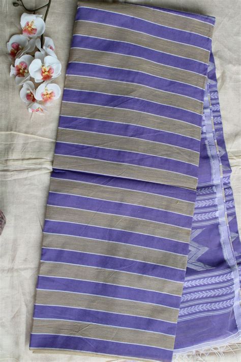 Lavender Vertical stipes Cotton silk saree with zamdani weaving pallu ...