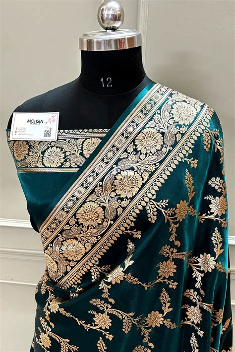 Teal Plain Golden Zari Katan Silk Banarasi Saree – Mohsin Textiles