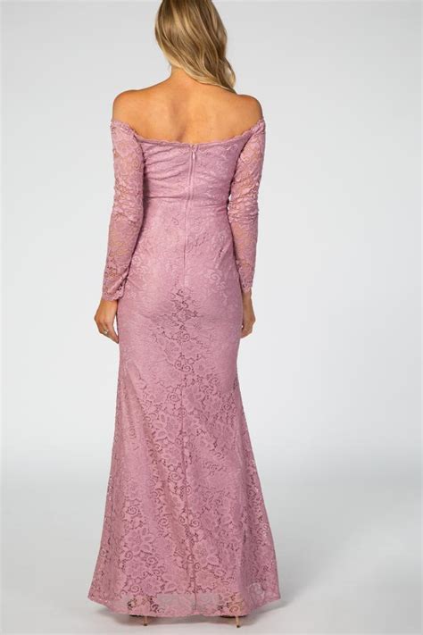Mauve Lace Off Shoulder Long Sleeve Maternity Maxi Dress – ShObO
