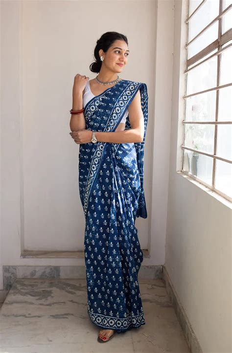 Indigo Print Saree Online: Indigo Cotton & Chanderi Silk Saree
