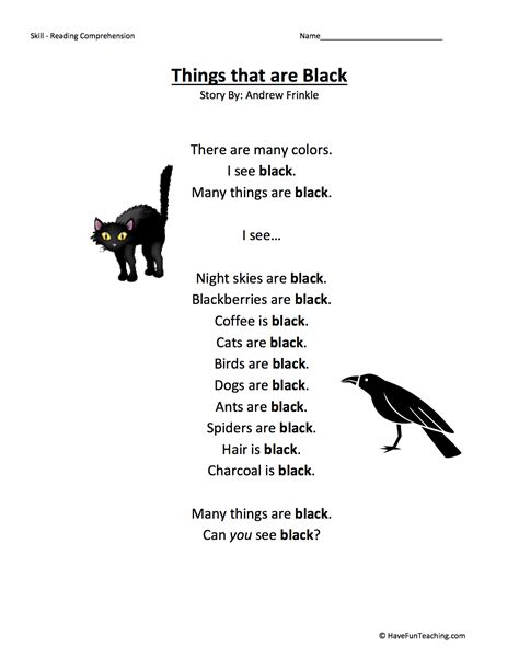 Things that are Black Reading Comprehension Worksheet - Have Fun Teaching