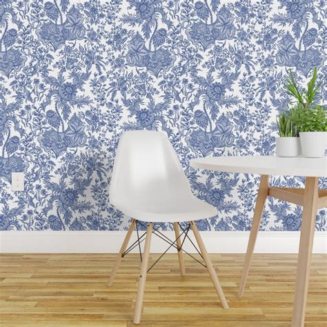 Peel & Stick Wallpaper 2FT Wide Chintz Floral Blue White Vintage Style ...